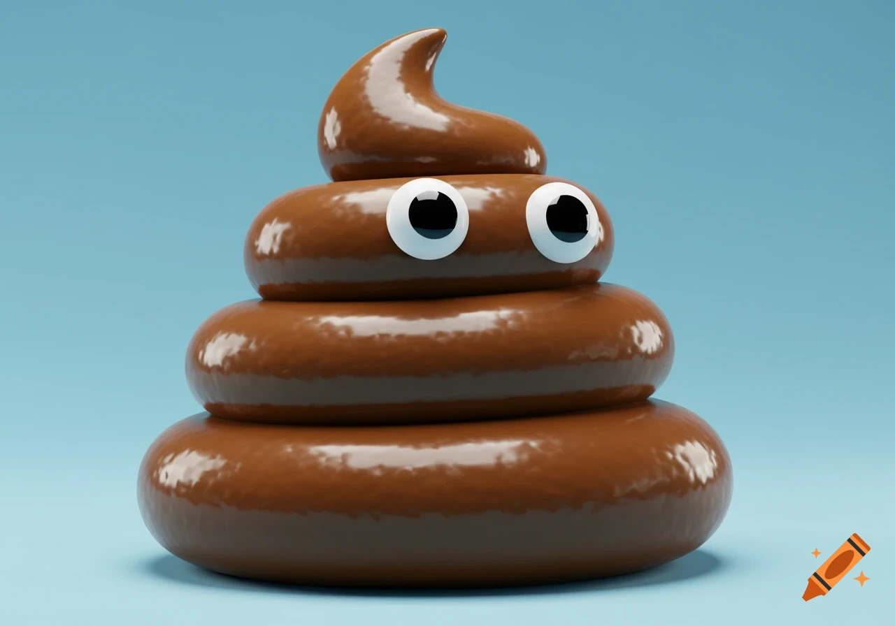 A shiny, brown cartoon poop emoji with large googly eyes, rendered in 3D against a solid light blue background.