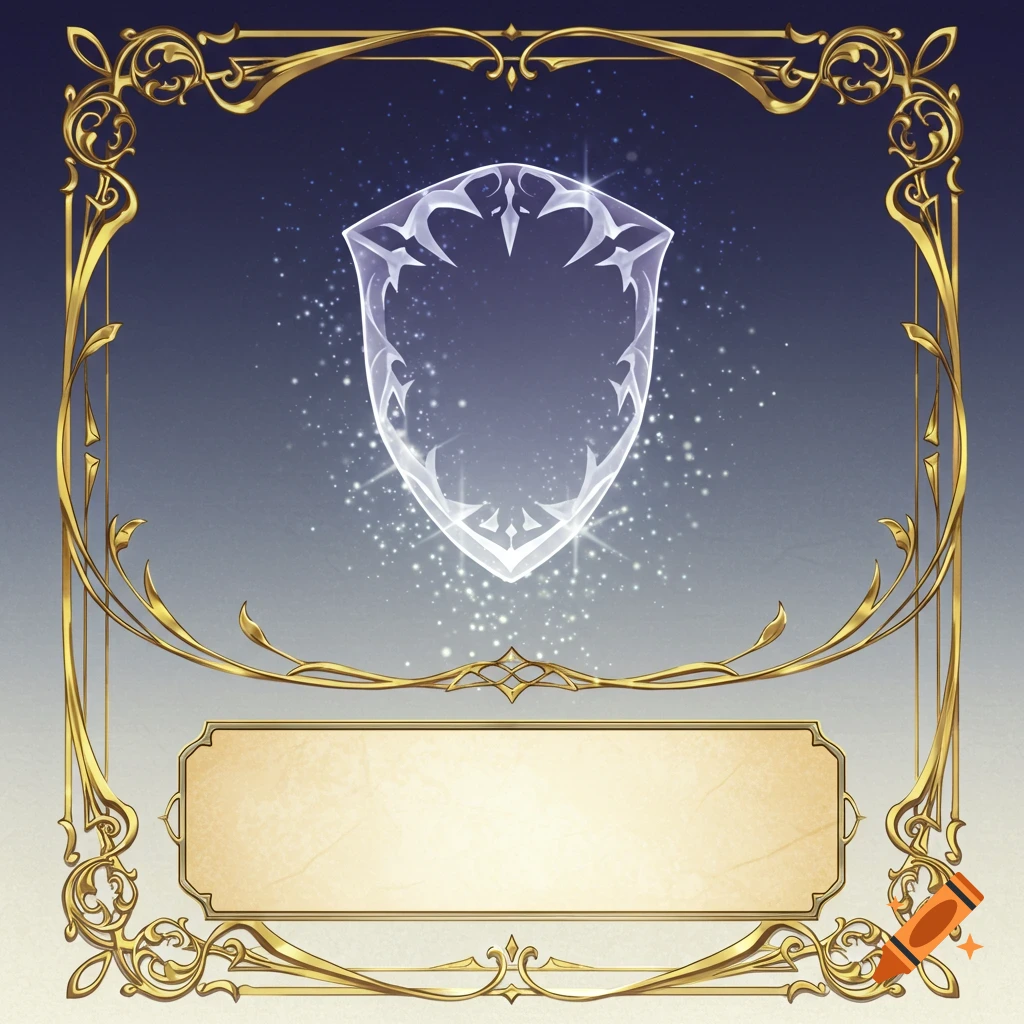 A fantasy card template with an ornate golden frame, a glowing translucent shield, and a blank description box.