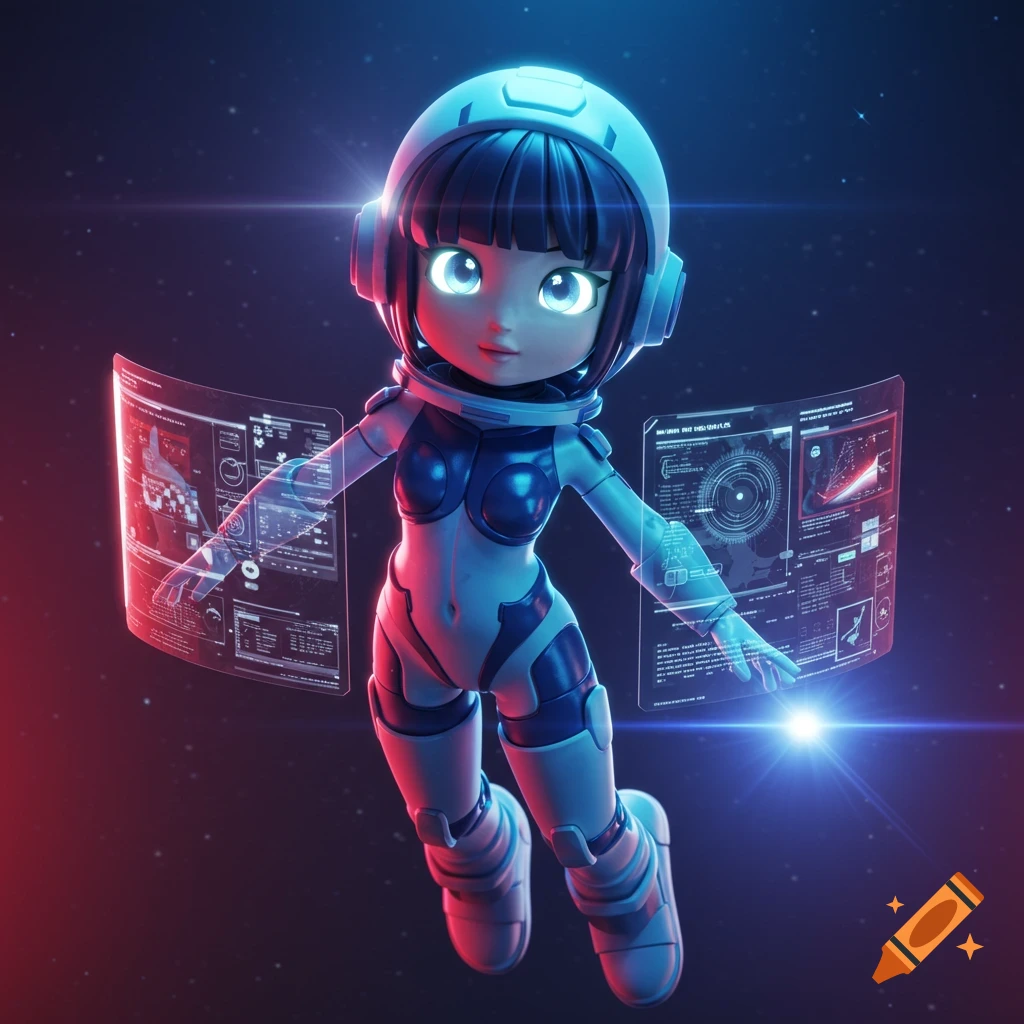 A cute anime-style astronaut girl in a white and blue suit floats in space surrounded by glowing holographic screens displaying data.