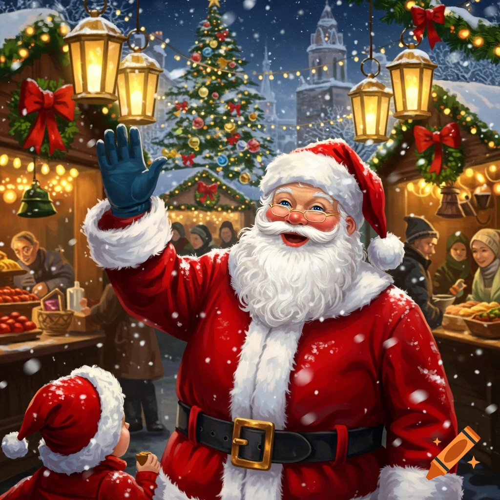 Santa Claus waves at a snowy Christmas market with lanterns and a decorated tree, with a child in the foreground.