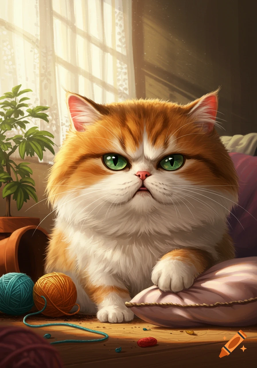 A fluffy orange and white cat with a grumpy expression sits on a table next to balls of yarn and a potted plant, bathed in sunlight.