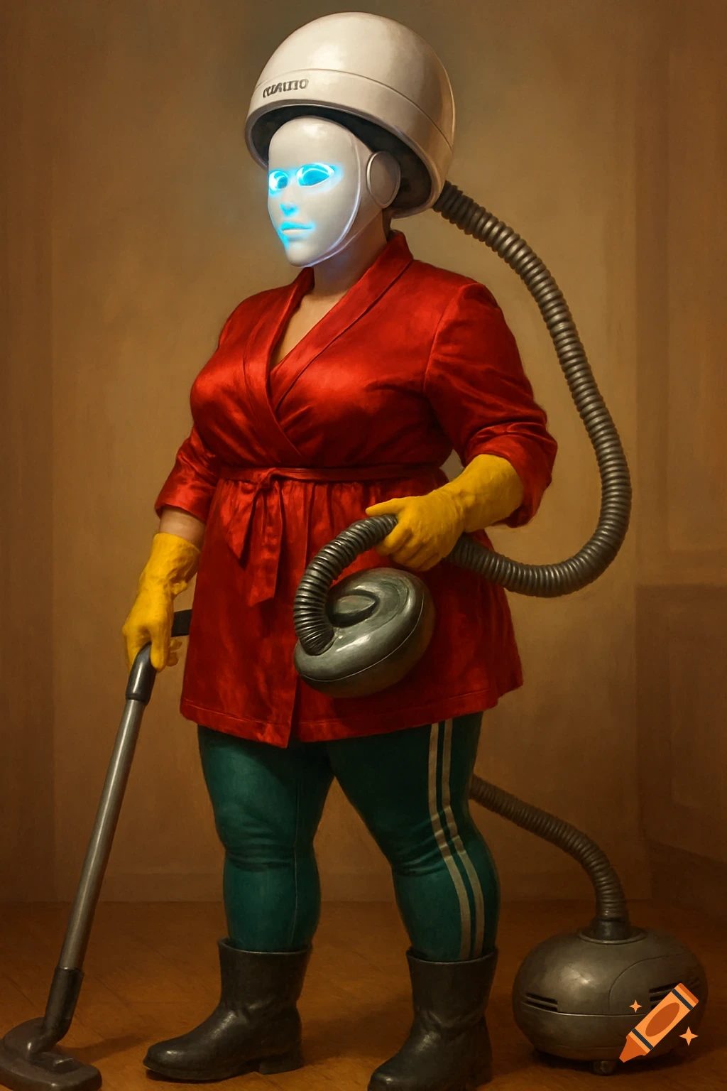 A woman in a red satin robe and green yoga pants wears a white glowing robot mask integrated with a hair dryer helmet, holding a vacuum cleaner.