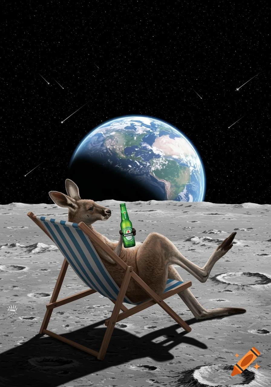 A kangaroo in a deck chair on the moon, holding a Heineken beer bottle, with Earth and shooting stars in the background.