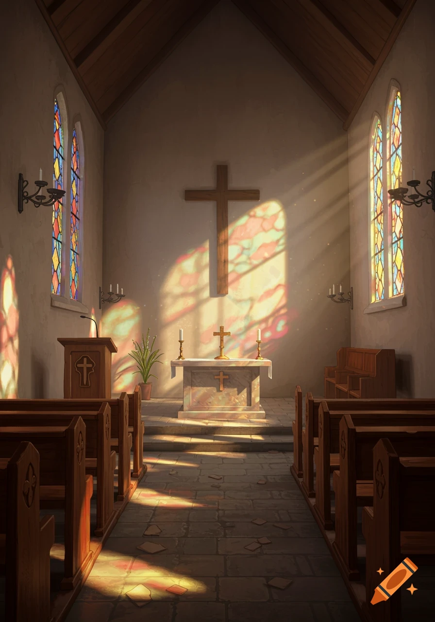 A serene chapel interior with sunlight streaming through colorful stained glass windows, illuminating a wooden cross on the wall and altar.