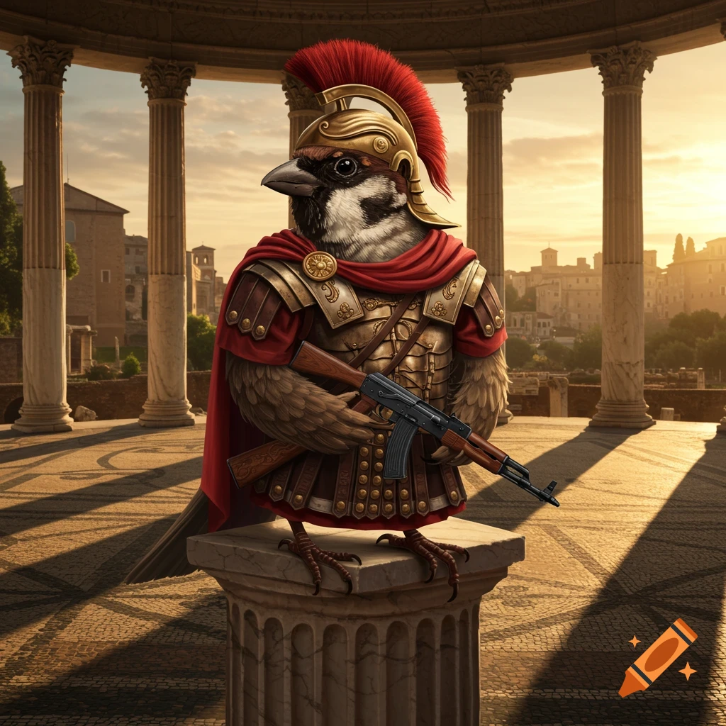 A sparrow dressed in full Roman military armor, holding an AK-47 rifle, standing on a stone pedestal in front of ancient Roman ruins at sunset.