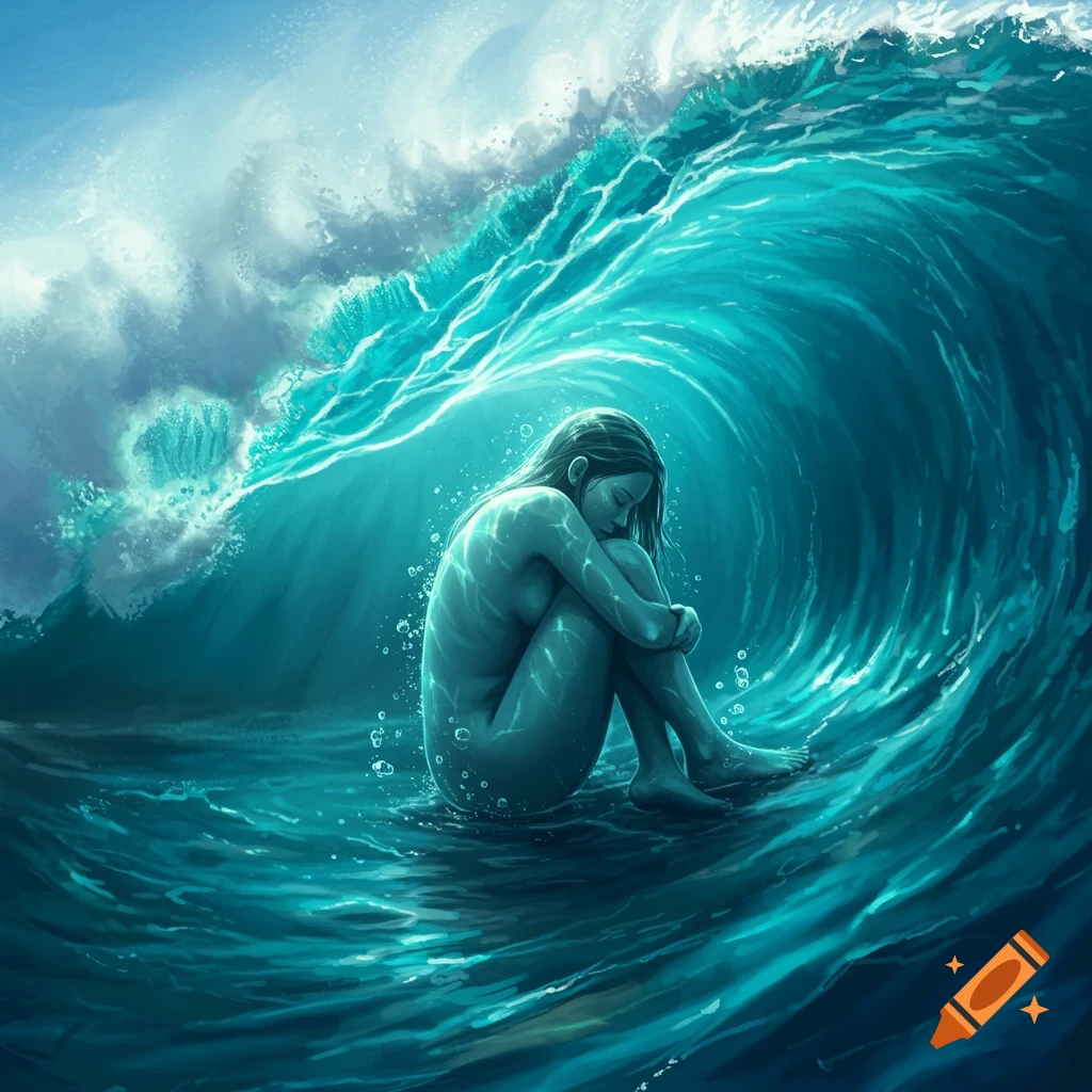 A woman in a fetal position is encompassed by a large, curling blue-green wave, with light filtering through the water. Digital art.