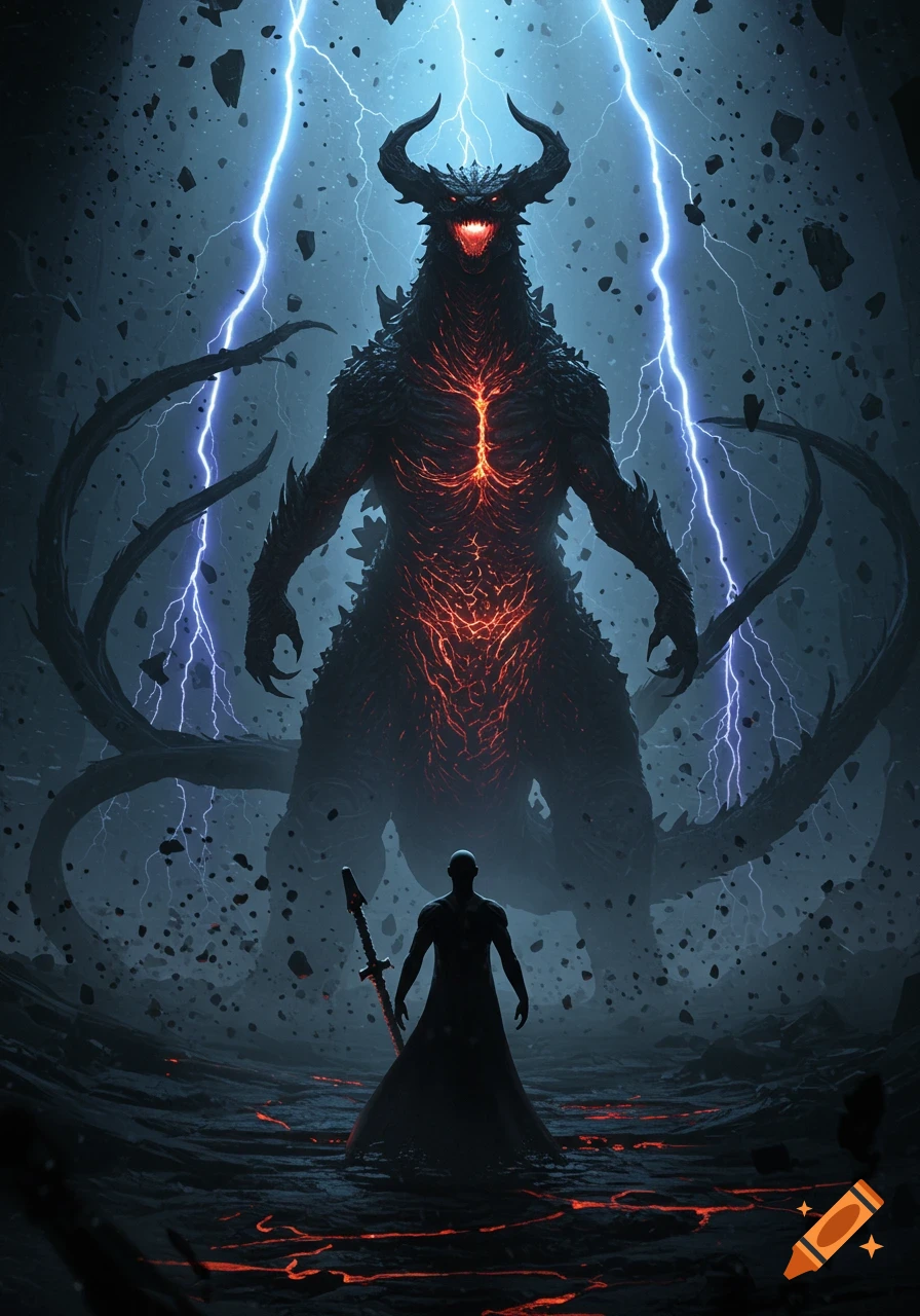 A colossal horned monster with glowing red cracks and eyes stands before a cloaked figure holding a sword amidst lightning and debris.