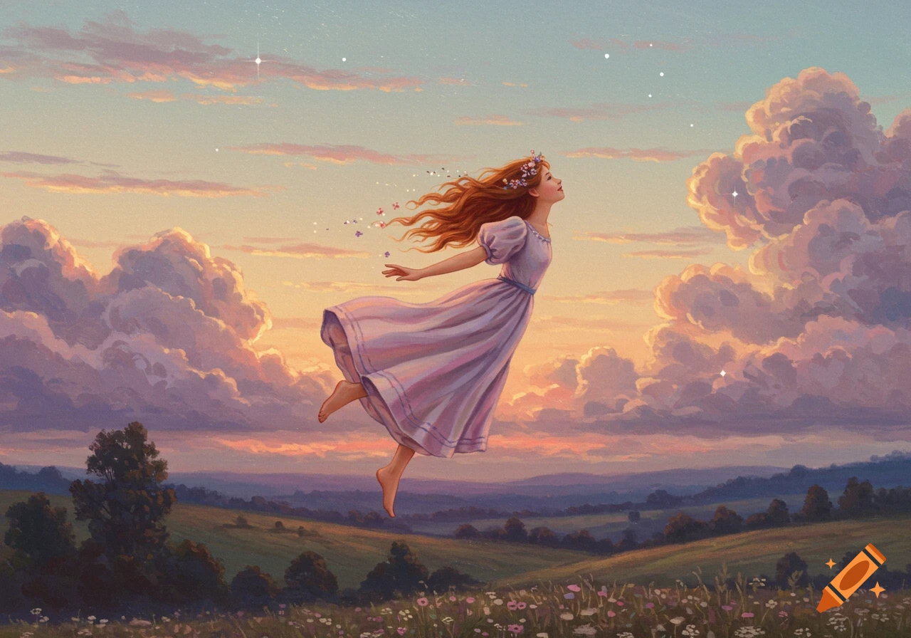 A red-haired girl in a purple dress floats over a field of flowers at sunset, under a sky with dreamy clouds and stars.