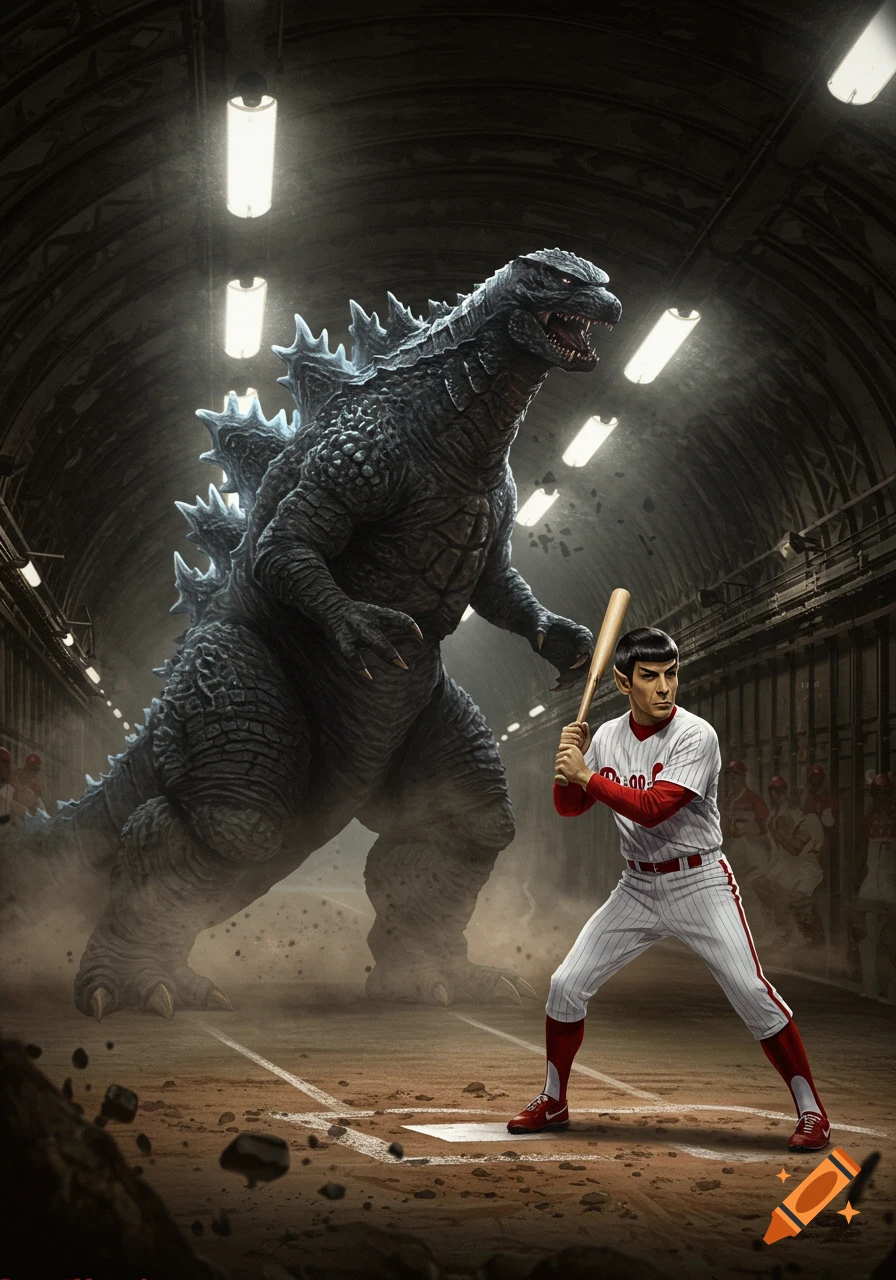 Spock in a Phillies baseball uniform prepares to bat against Godzilla, who stands on a dirt baseball field inside a dark subway tunnel.
