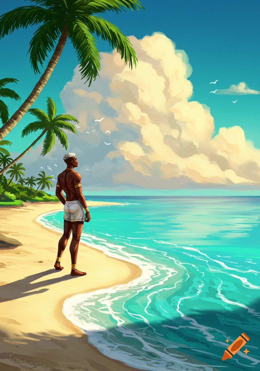 An illustration of a man standing on a sunny beach, looking out at the turquoise ocean with palm trees.