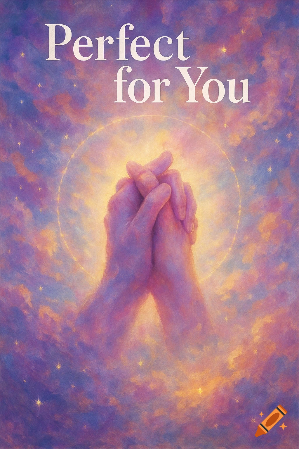 A painting of two hands clasped together amidst a celestial sky with stars, glowing with light. Text reads 'Perfect for You'.