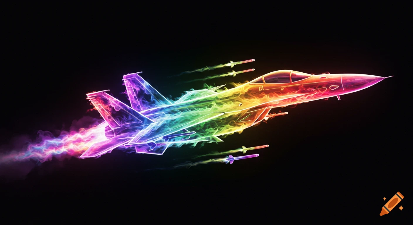 A futuristic fighter jet glowing with rainbow neon colors and trailing colorful smoke against a black background.
