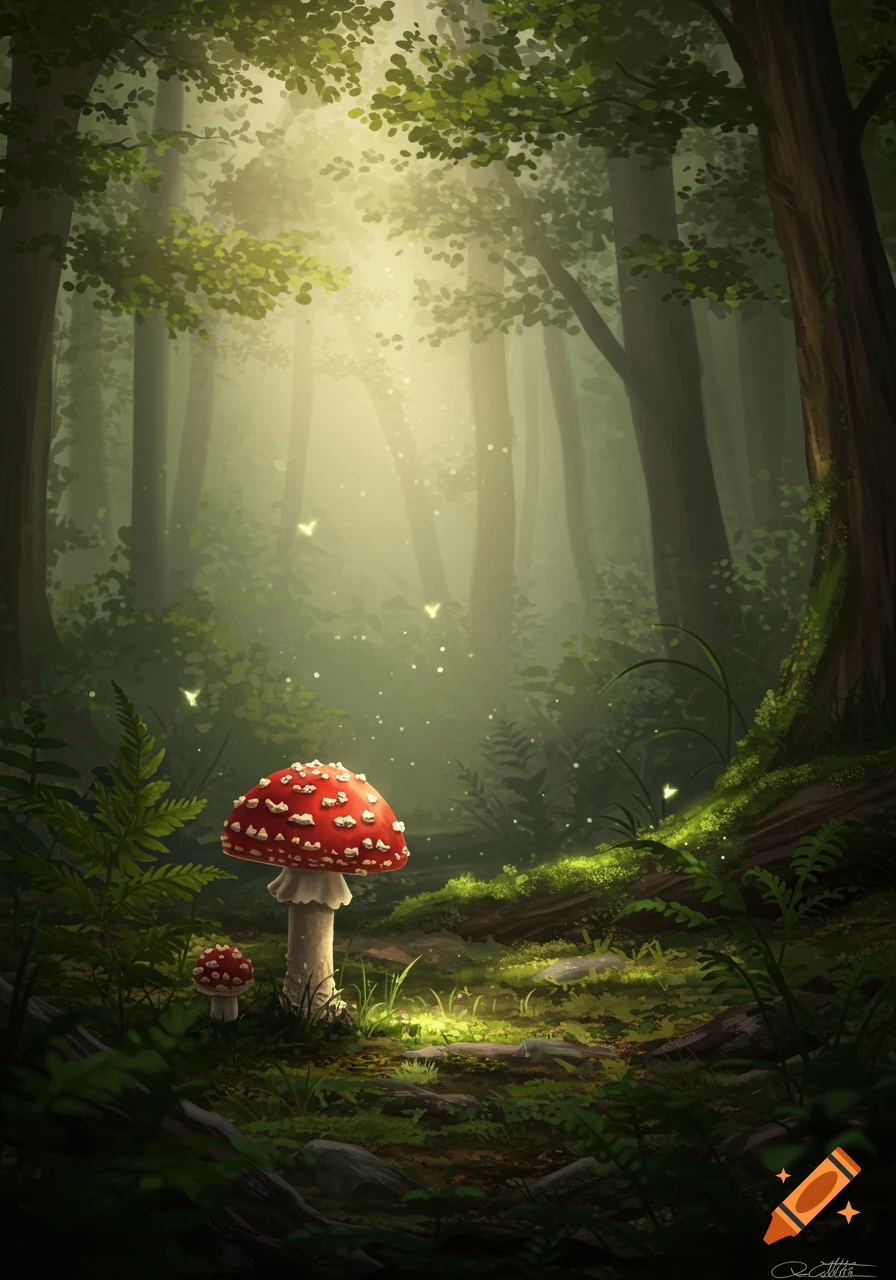 A vibrant fantasy illustration of red and white mushrooms on a mossy forest floor, bathed in sunrays and glowing fireflies.