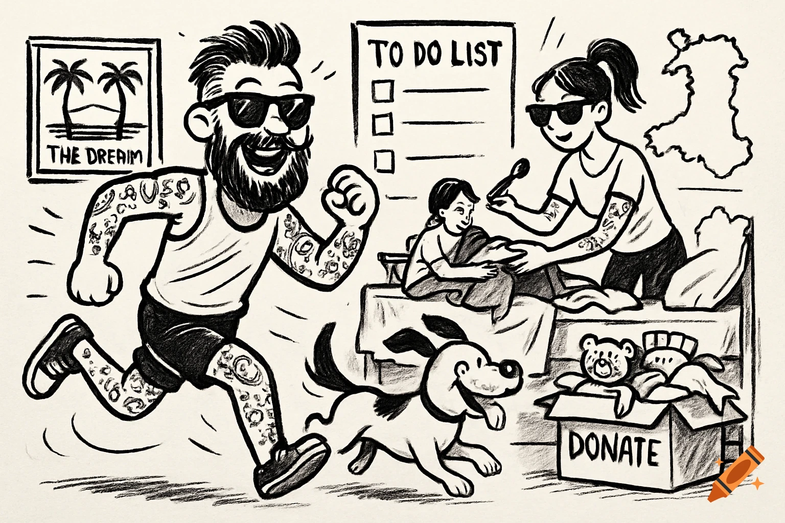 A black and white cartoon shows a bearded man running, a woman organizing, a child, and a dog. A 'TO DO LIST' and 'DONATE' box are visible, along with a framed picture of palm trees.