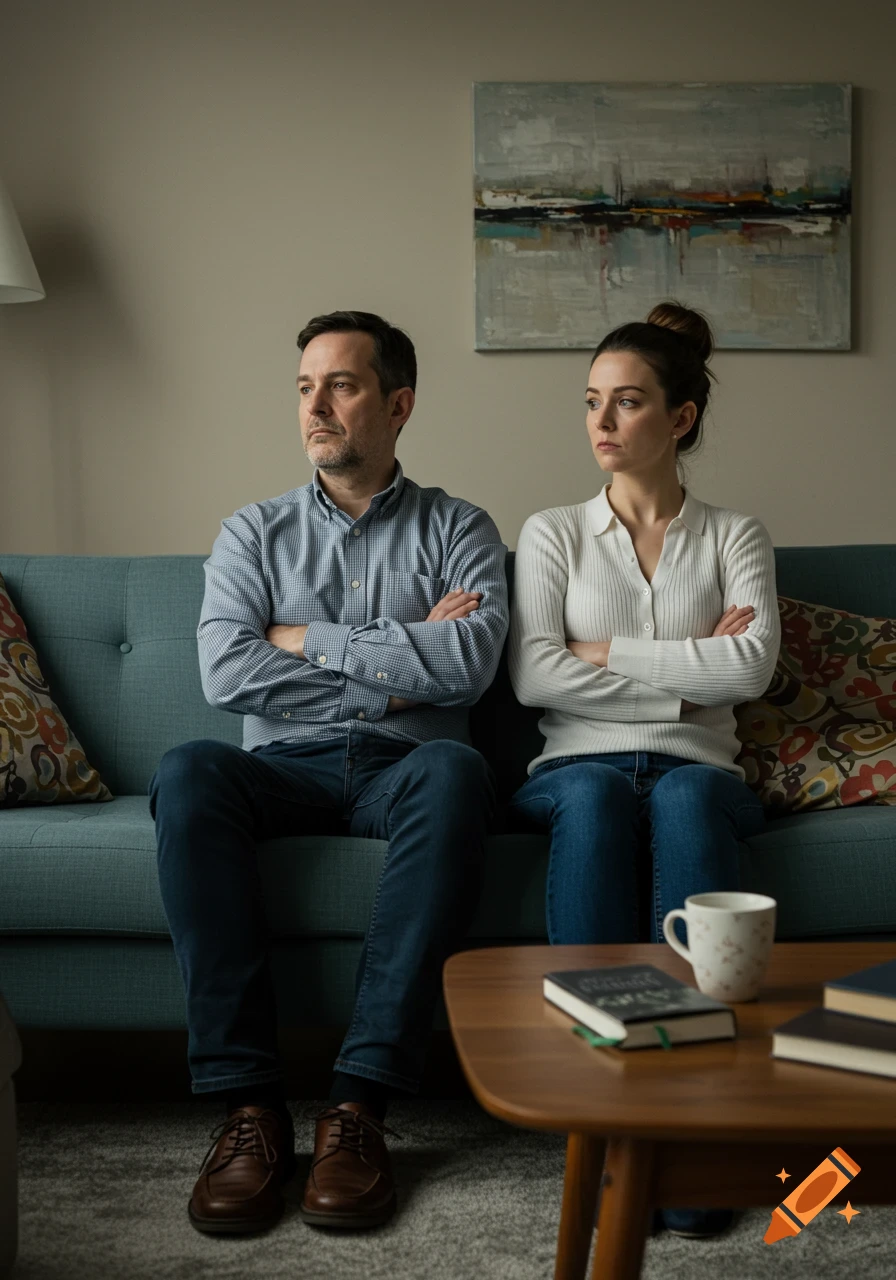 A man and woman sit on a living room couch, facing away from each other with distraught expressions, after an argument.