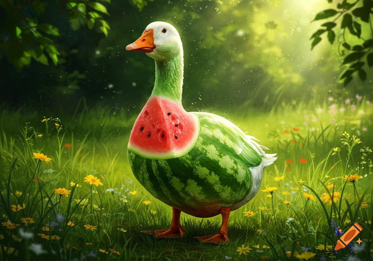 A surreal goose with a watermelon body stands in a sunny, grassy field with wildflowers.