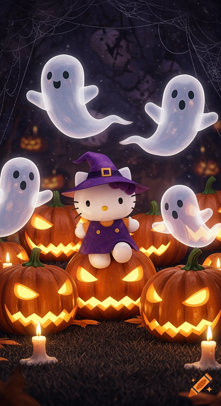 A whimsical Halloween scene with Hello Kitty in a witch hat sitting on a glowing jack-o'-lantern, surrounded by more pumpkins, floating ghosts, and cobwebs.