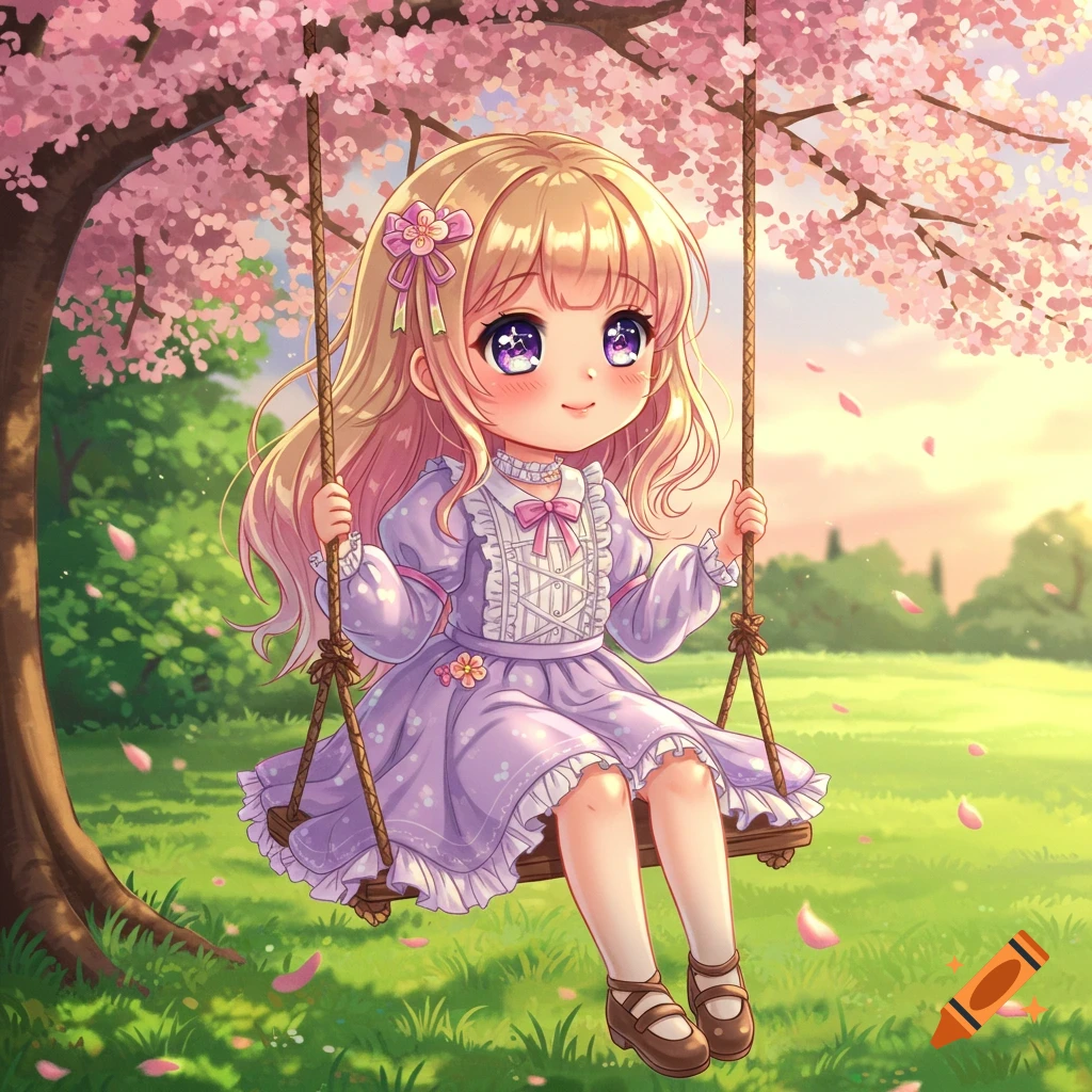 Cute anime girl with blonde hair and purple eyes sits on a swing under a pink cherry blossom tree in a sunny green field.