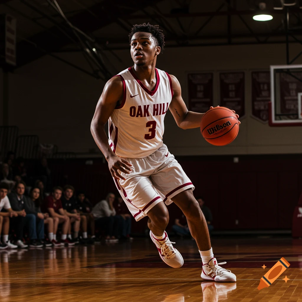 A male basketball player in a white 'Oak Hill' jersey with number 3, dribbles a basketball on a court during a game.