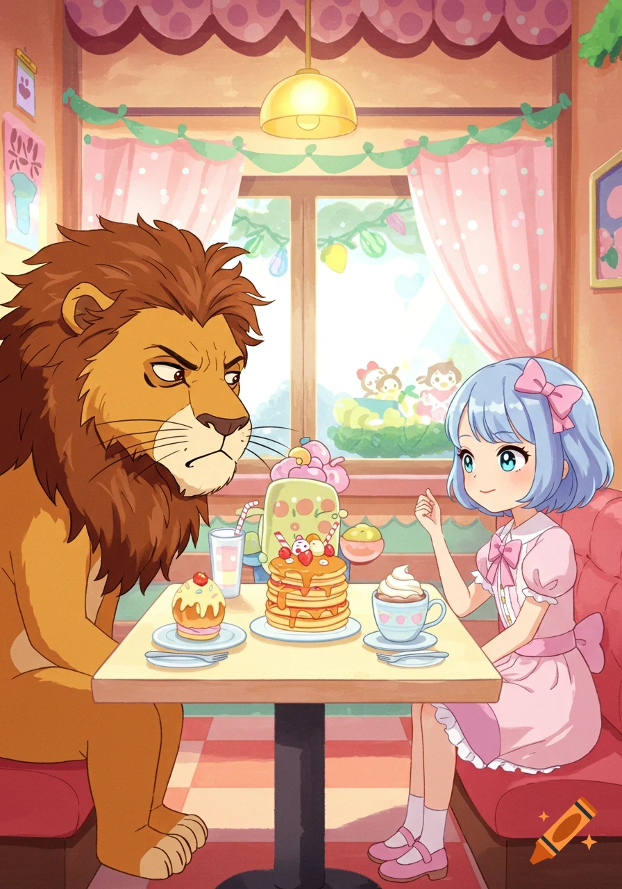 An annoyed anthropomorphic lion sits across from a cute girl at a cafe table laden with pancakes and desserts in a bright cartoon style.