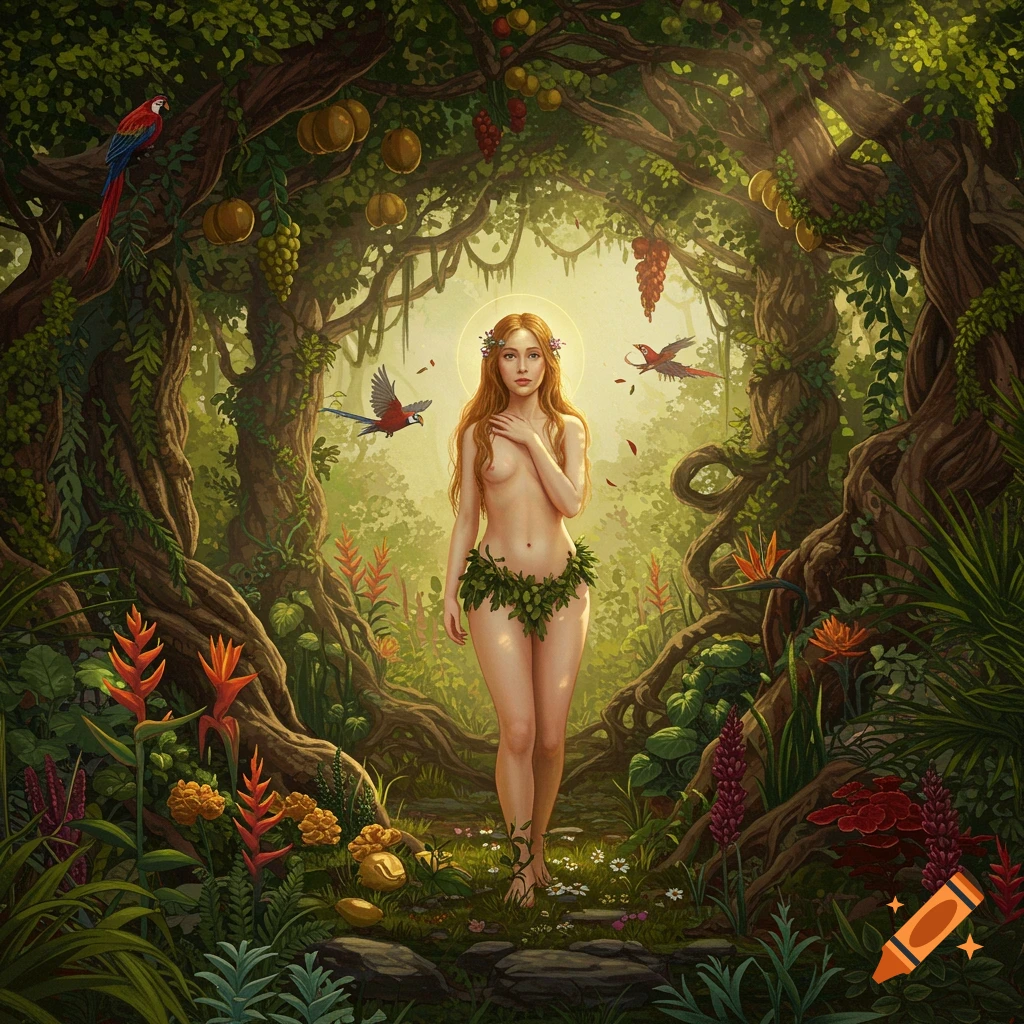 An illustrative painting of Eve with a halo, wearing a leaf covering, standing in a lush, sunlit Garden of Eden with birds and fruit.