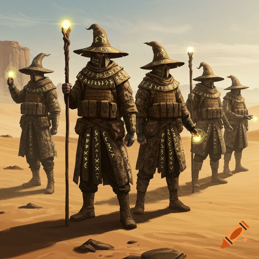 Five armored wizards with glowing staffs and orbs stand in a desert landscape.