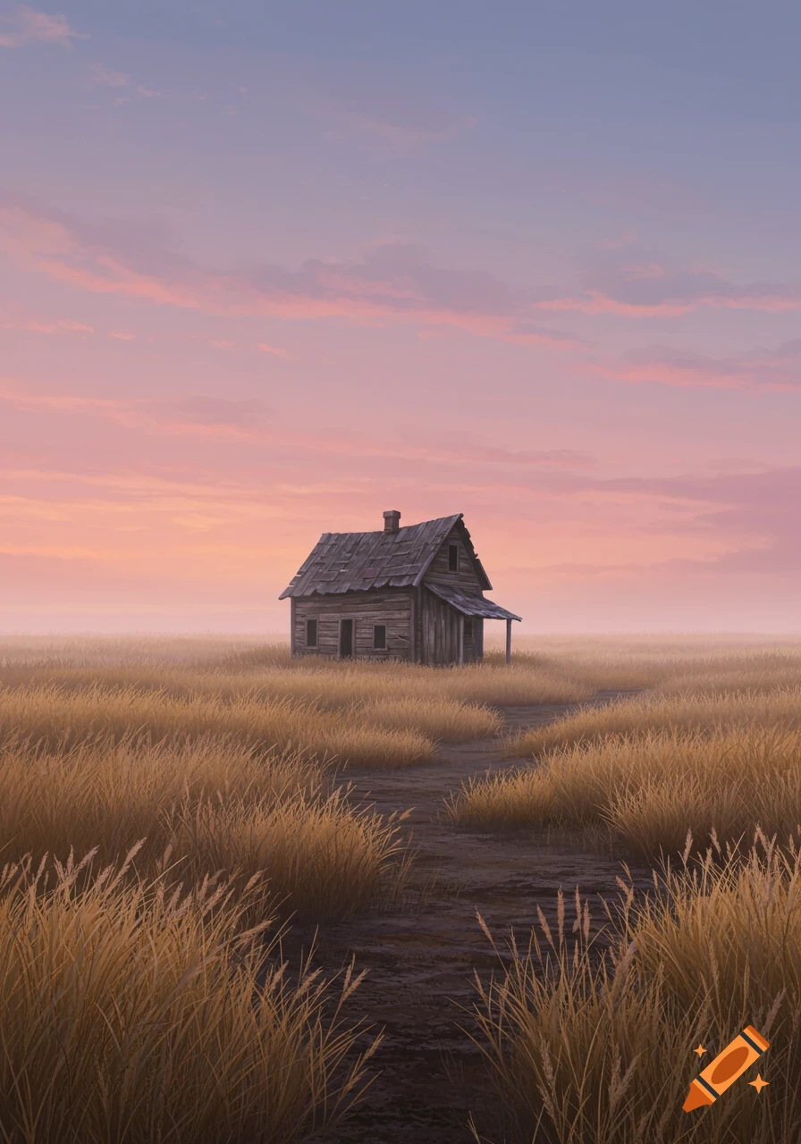 A rustic wooden house stands alone in a vast golden field under a soft pink and purple sunset sky.