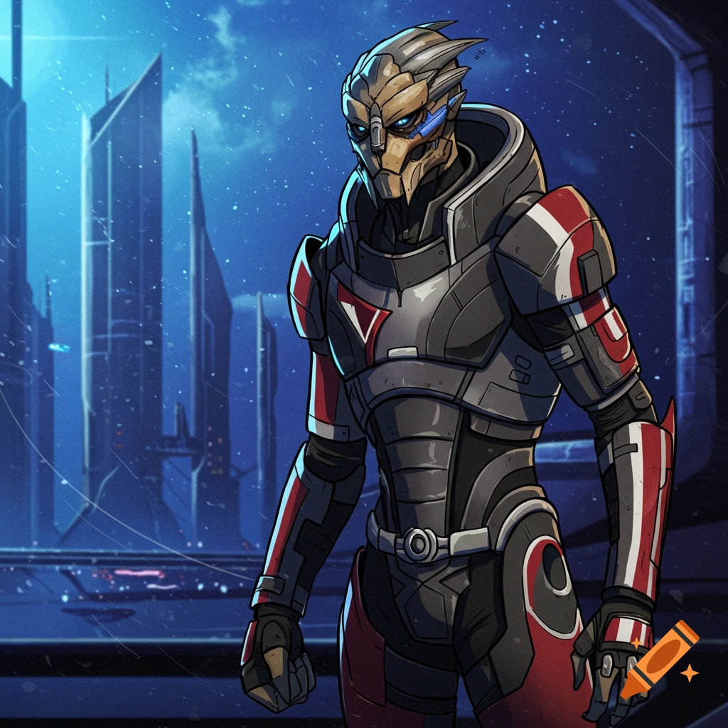 Anime style illustration of Garrus, a turian alien in dark grey and red armor, standing in a futuristic city.