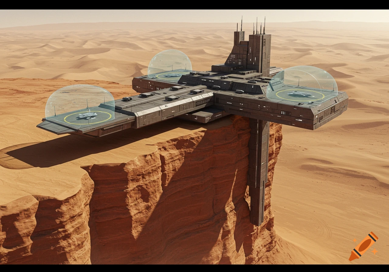 A brutalist sci-fi outpost on a desert cliff, with landing pads under clear domes.