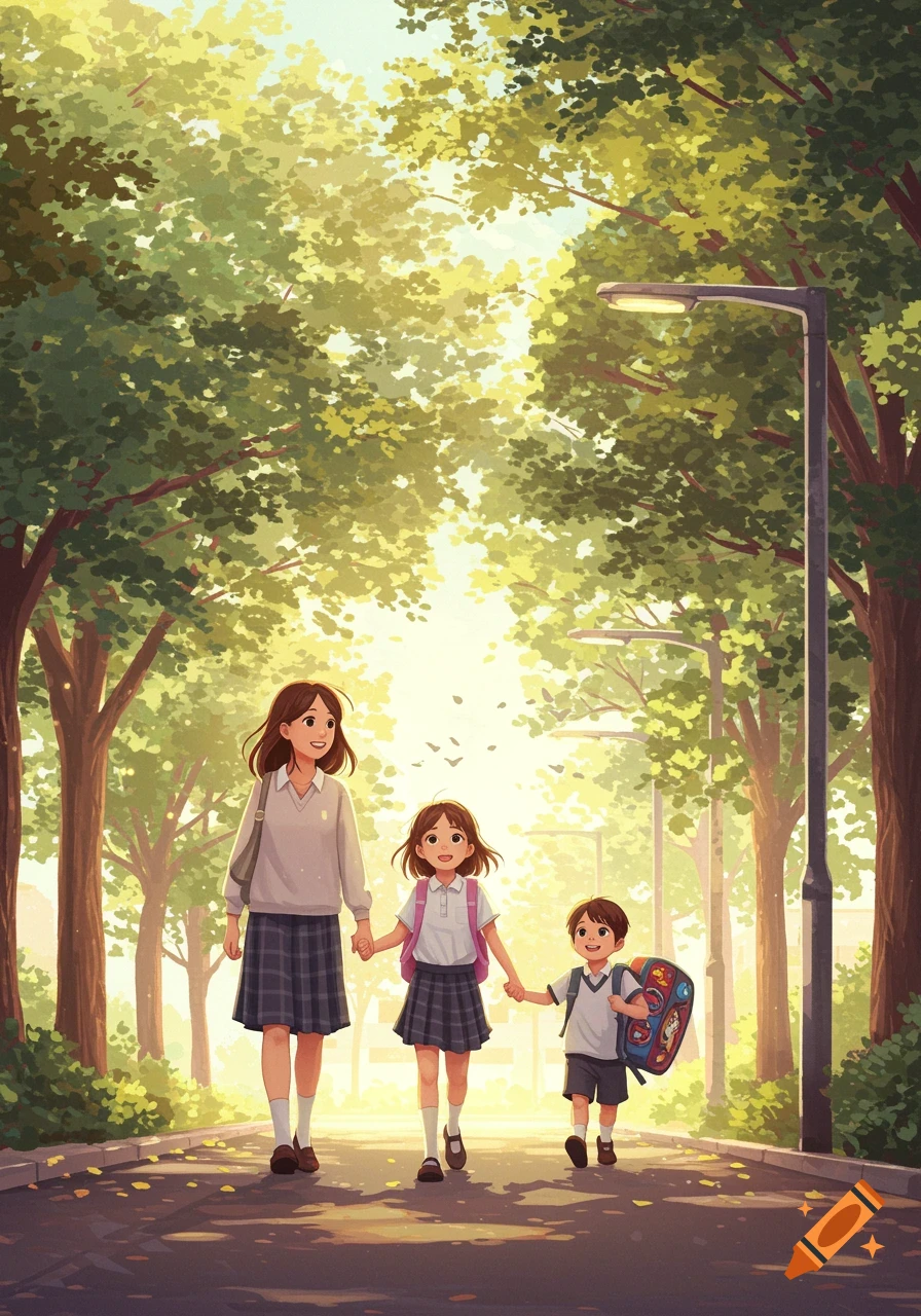 An anime illustration of a mother walking hand-in-hand with her two children, a girl and a boy, on a tree-lined path.