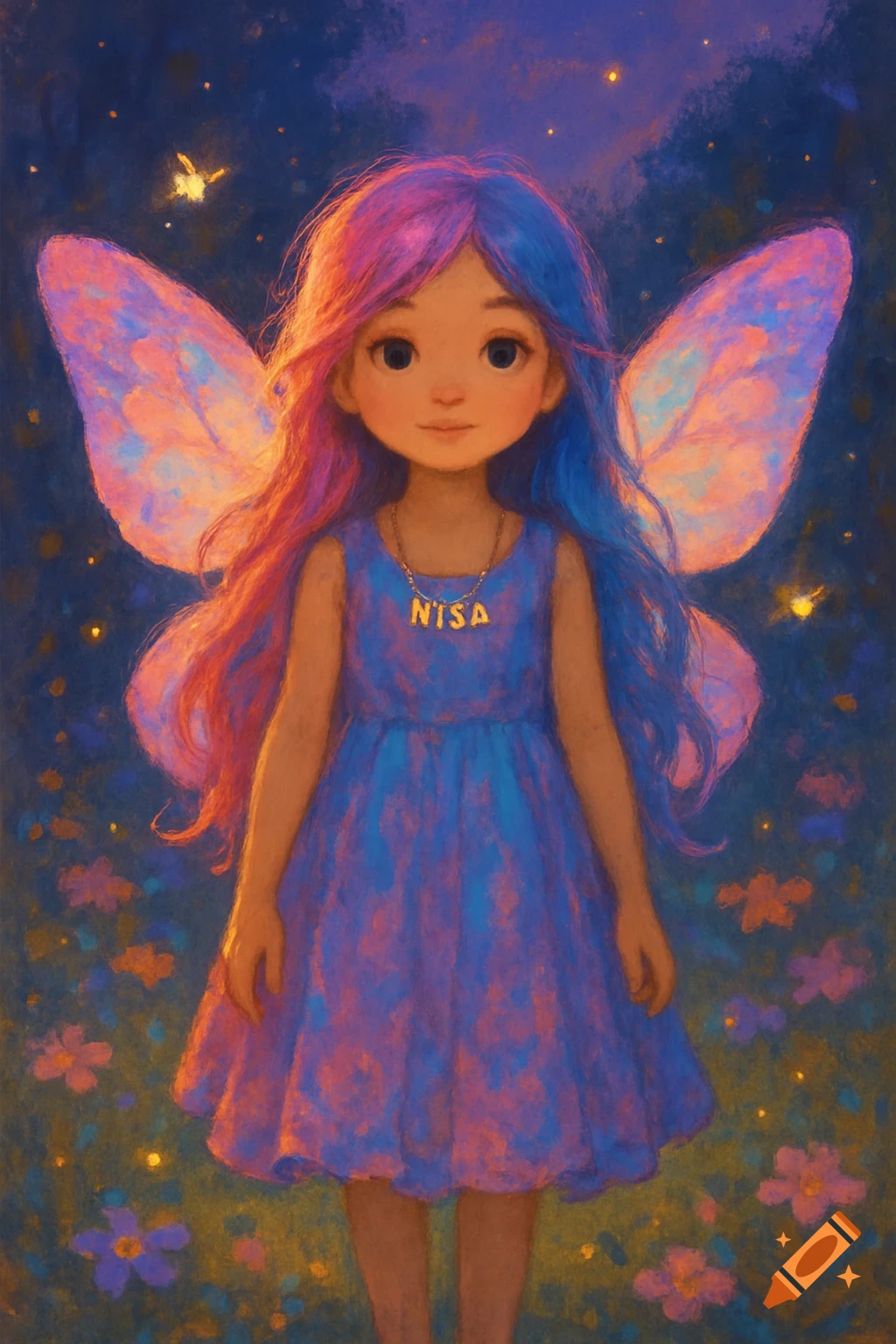 A whimsical fairy girl with pink and blue hair, matching wings, and a blue dress, wearing an 'NISA' necklace, stands in a field of colorful flowers.
