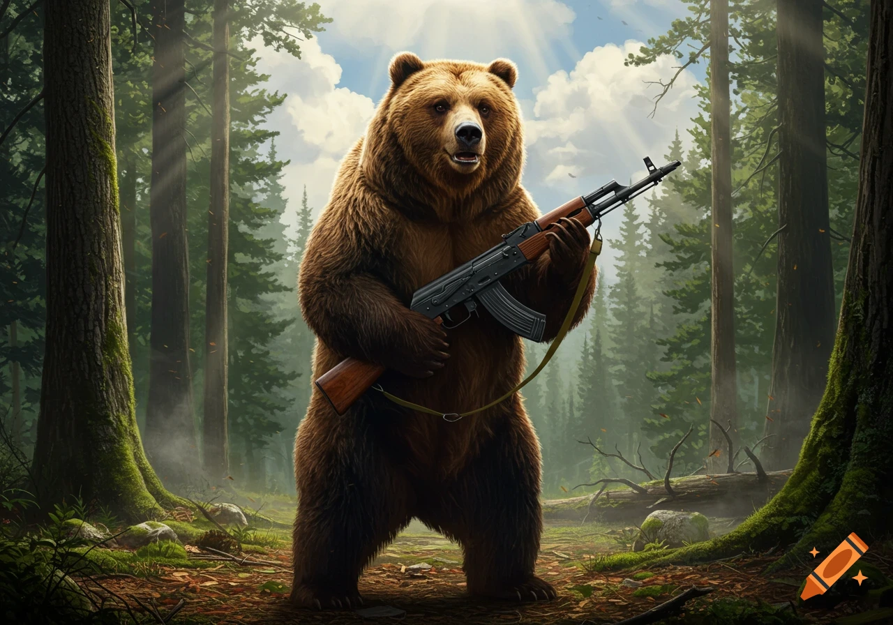 A large brown bear stands upright in a sunlit forest, holding an AK-47 rifle.