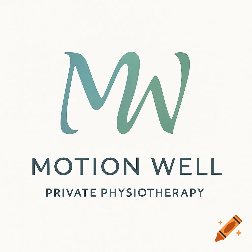 A logo for 'Motion Well Private Physiotherapy' featuring a stylized blue and green 'MW' initial above the text.