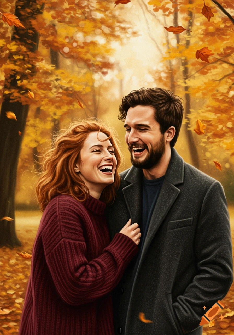 A happy couple laughs while walking through a vibrant autumn forest with falling leaves, in a painterly style.