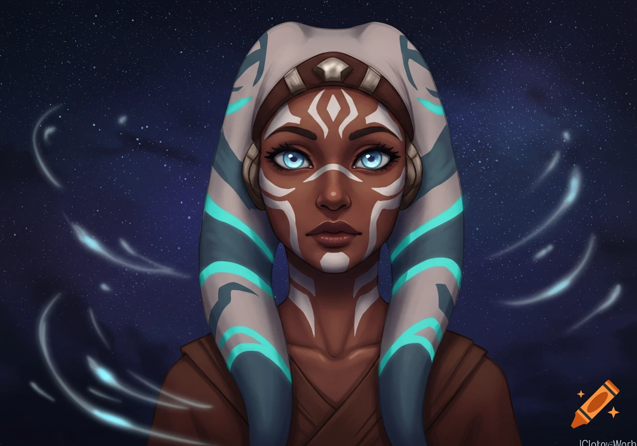 A stylized portrait of a young Togruta woman with bright blue eyes and white facial markings against a starry blue background.