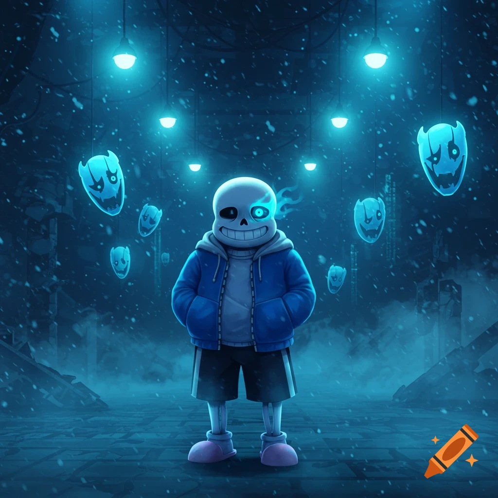 Sans from Undertale stands in a snowy, ruined, blue-lit environment with glowing skull-like figures.