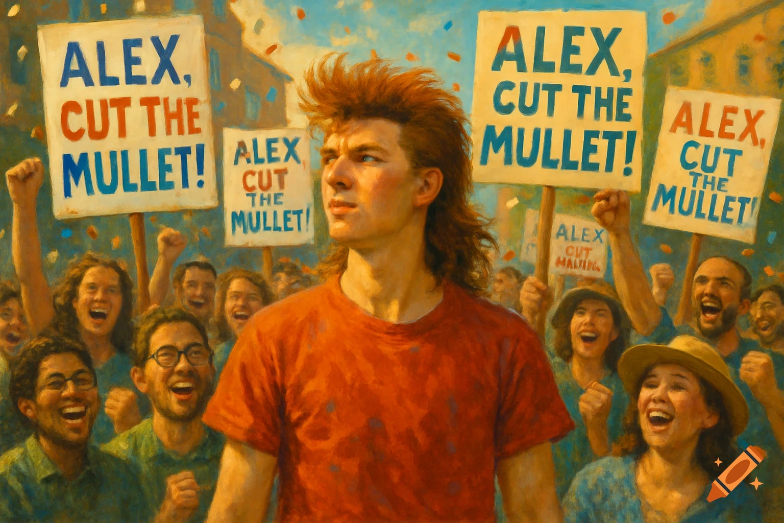 A painted image of a crowd protesting, holding signs that say 'ALEX, CUT THE MULLET!' directed at a man with a prominent mullet in the foreground.