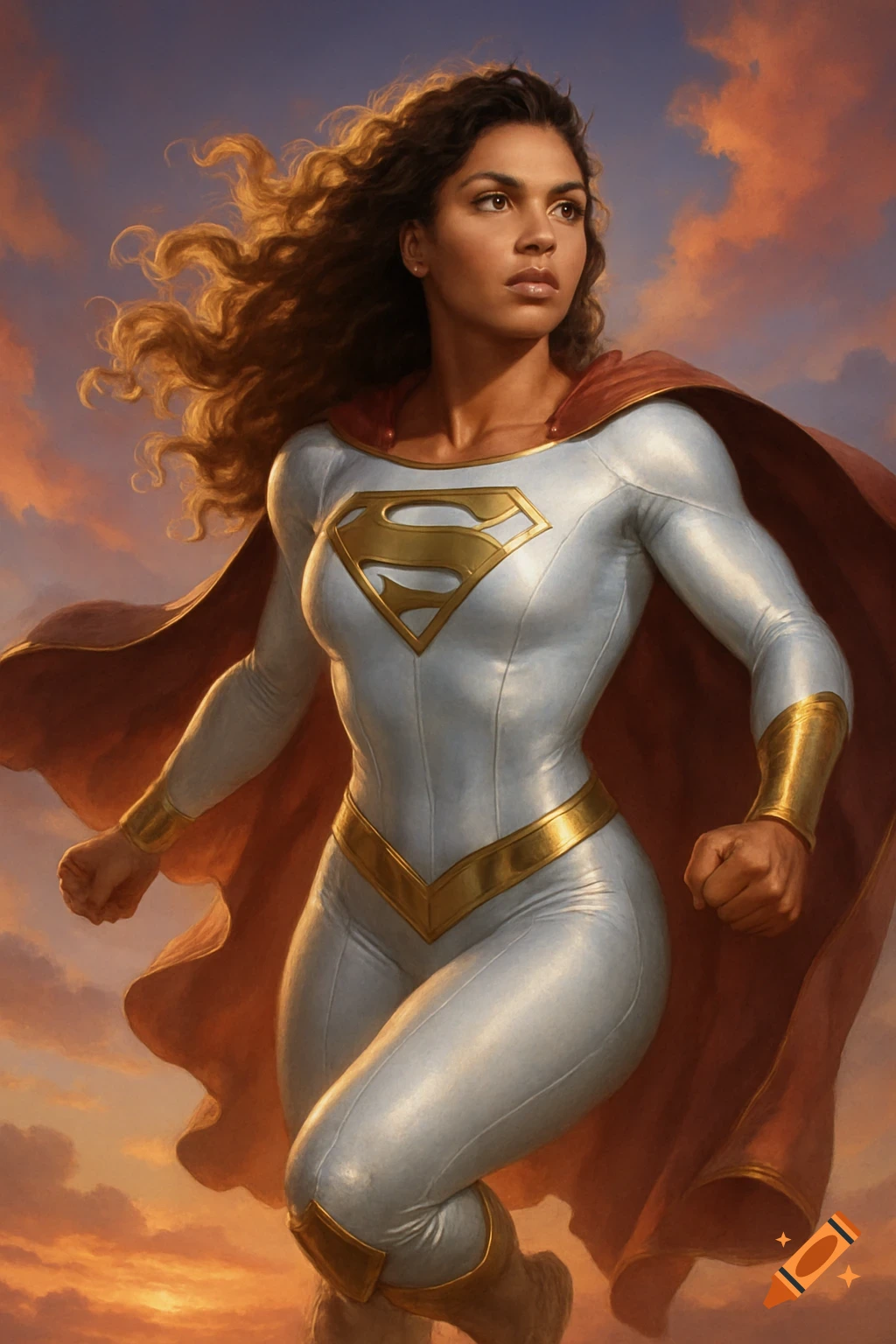 A detailed illustration of a Latina superhero in a white and gold Superman costume with a red cape, flying through a sunset sky.