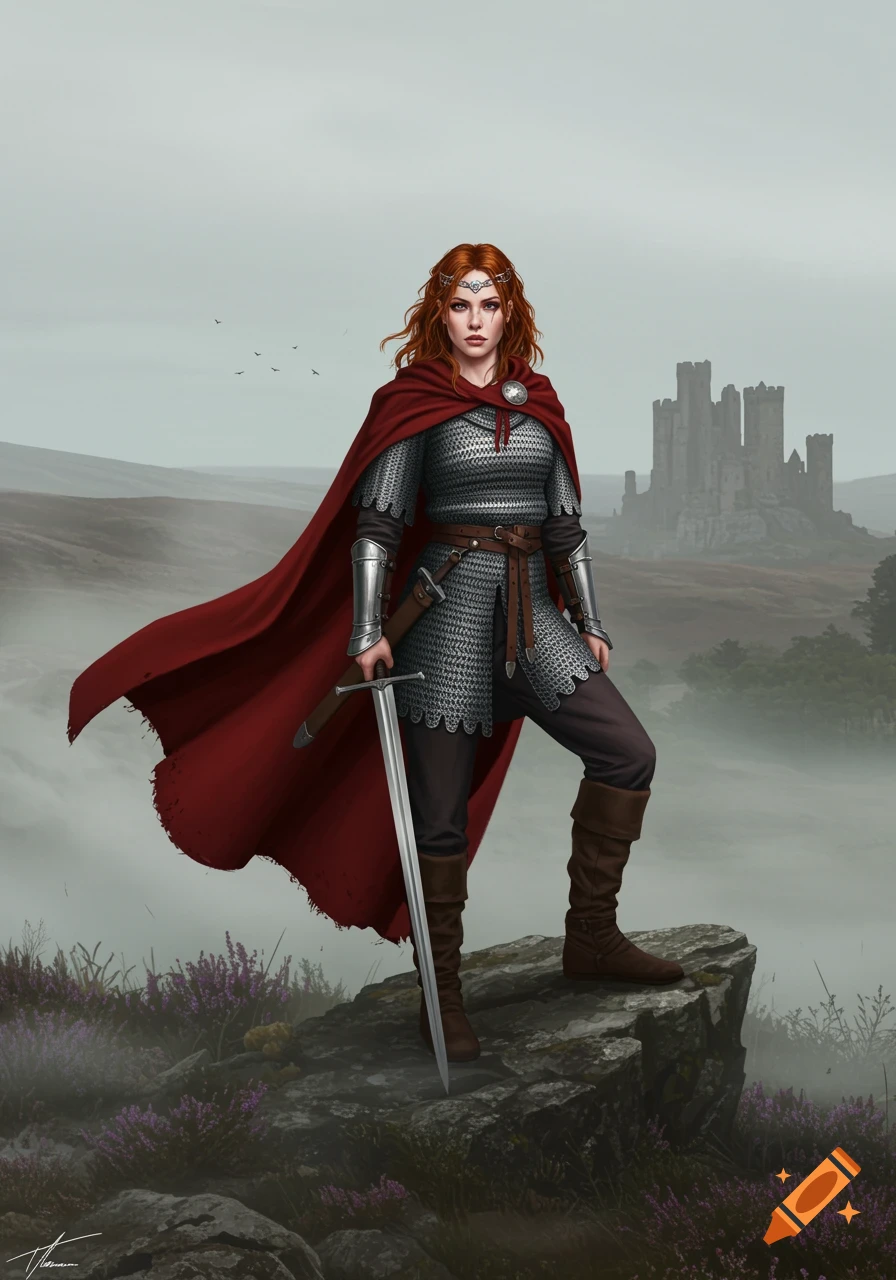 A red-haired female warrior in chainmail and a red cape stands on a rocky hill, holding a sword, with a castle in a misty background. Digital painting.