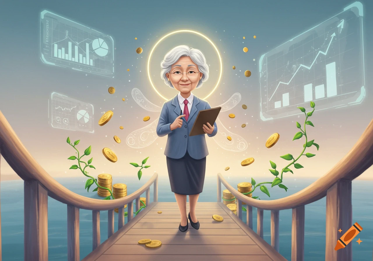 Stylized illustration of an elderly financial mentor with a glowing aura, surrounded by floating coins, plants, and holographic charts on a bridge.