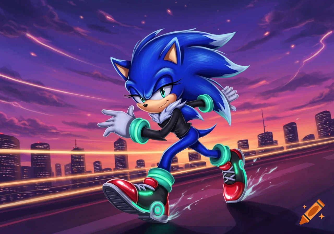 An anime-style female Sonic-like character with blue quills and a black jacket runs through a city at dusk with neon light trails.