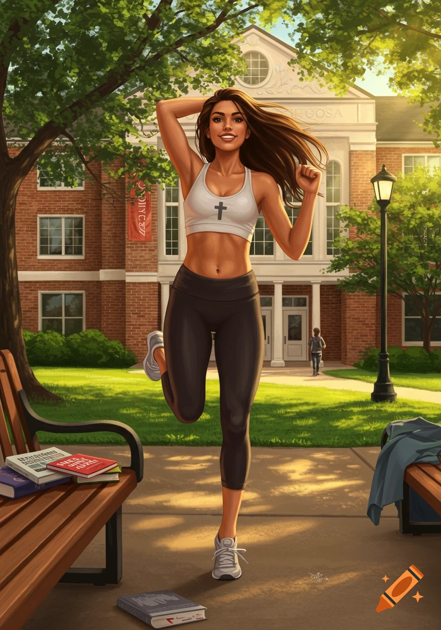 An athletic woman in a white sports bra with a cross symbol and black leggings, posing in front of a brick university building on a sunny day.