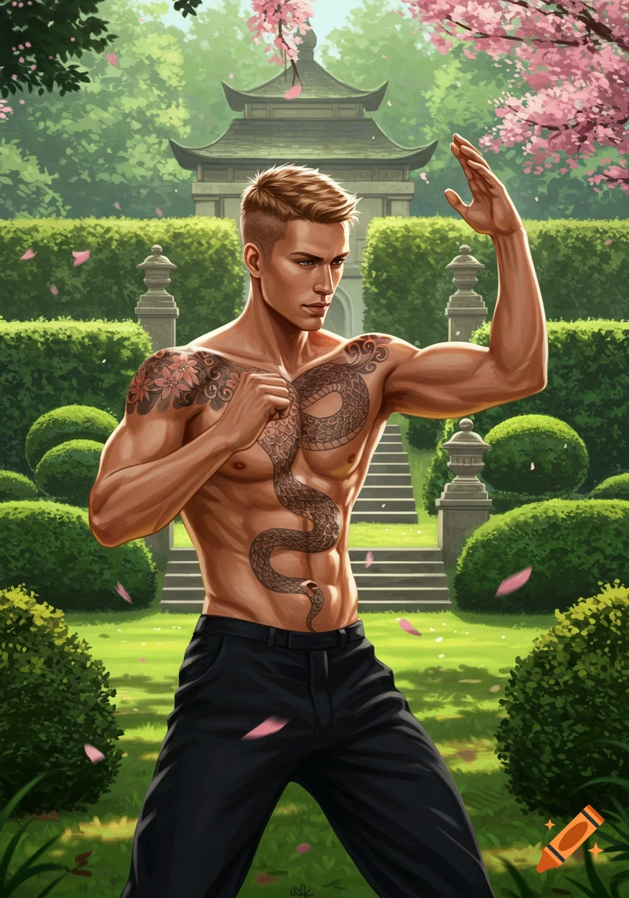 A handsome, shirtless blond man with a snake tattoo performs martial arts in a lush Japanese garden with a pagoda and pink blossoms, digital art.