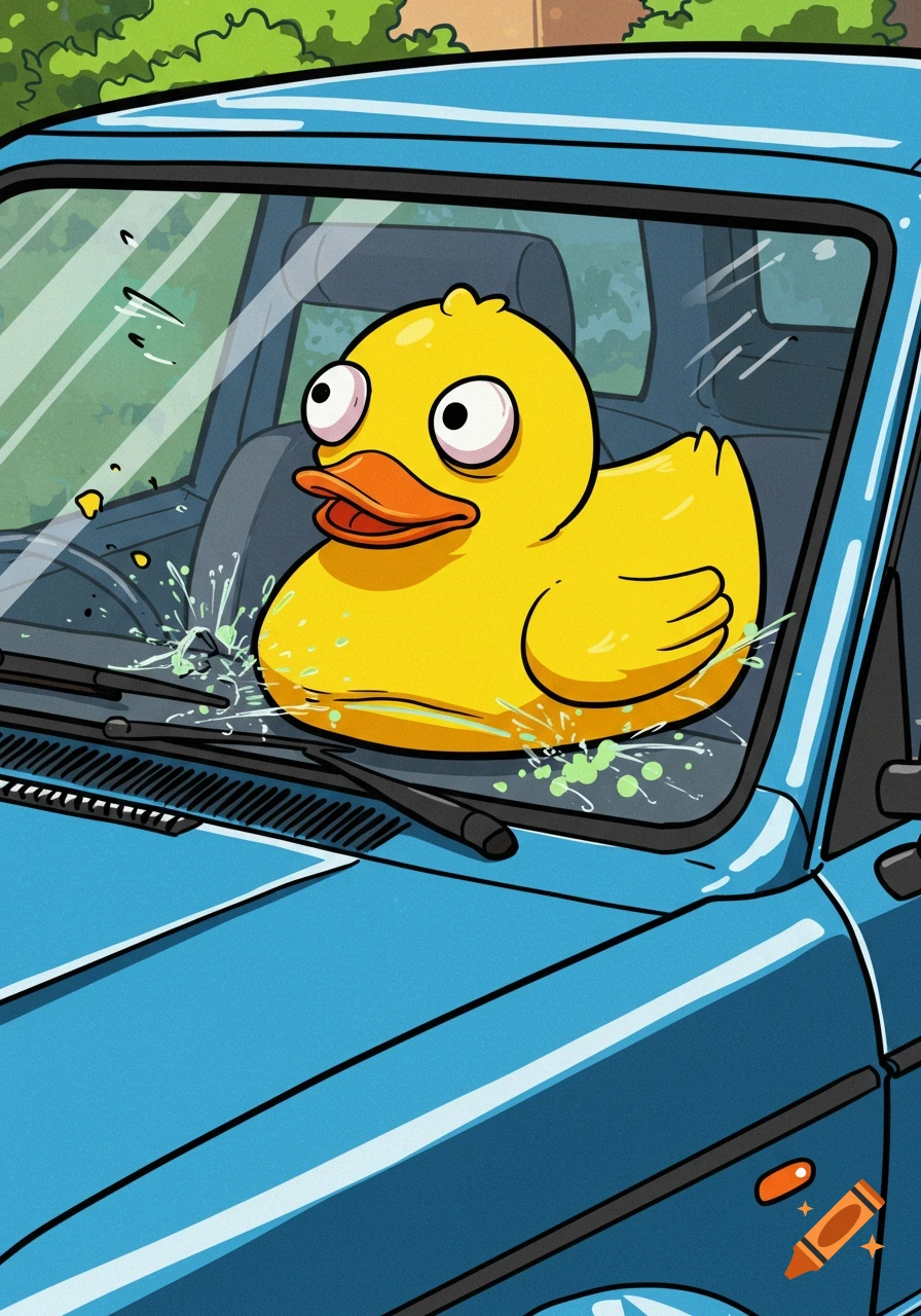 A cartoon rubber duck with wide, surprised eyes splattered against the windshield of a blue car, with green liquid splashing around it.