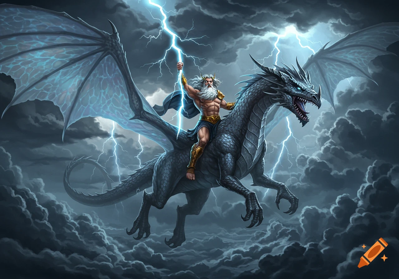 Zeus, holding lightning, rides a dark dragon through a stormy sky filled with blue lightning bolts.