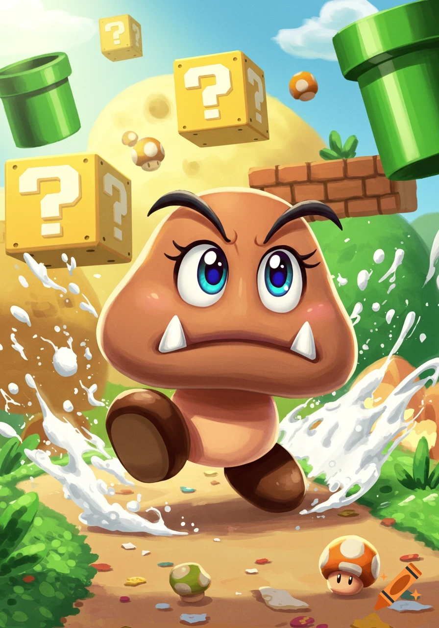 A cartoon female Goomba with large eyes and tusks runs on a path, with question mark blocks and green pipes in a bright Mario-style landscape.