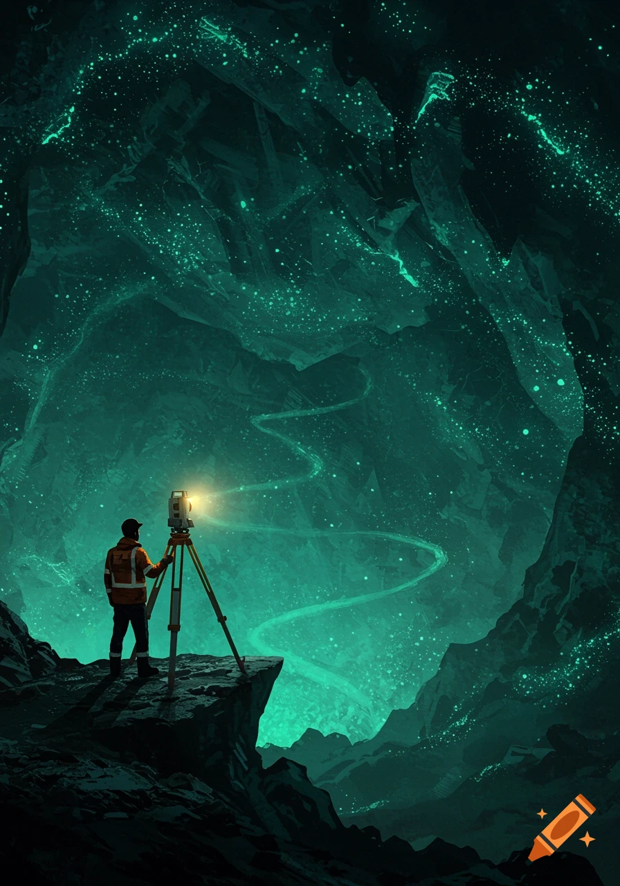 A lone land surveyor stands on a cliff edge in a vast, glowing teal cavern, using a total station. Digital art.