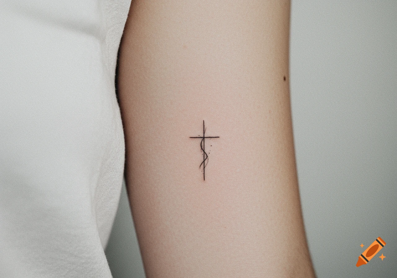 A minimalist black cross tattoo with a wavy line on a person's arm, wearing a white shirt.