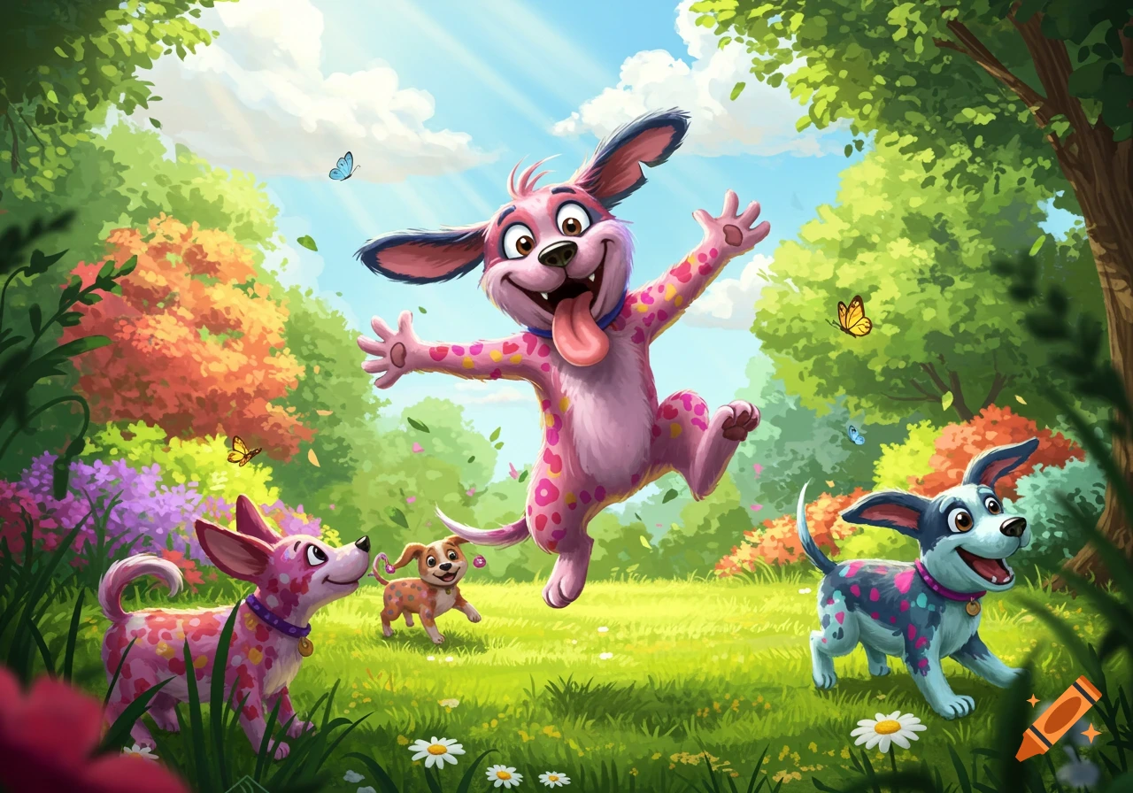 A colorful cartoon dog jumps playfully in a vibrant green park, surrounded by its happy siblings and butterflies.