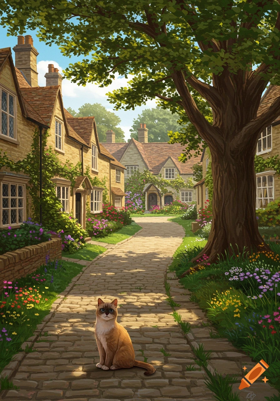 An illustrated tan and white cat sits on a cobblestone path in a charming English village with stone houses and lush flowers.